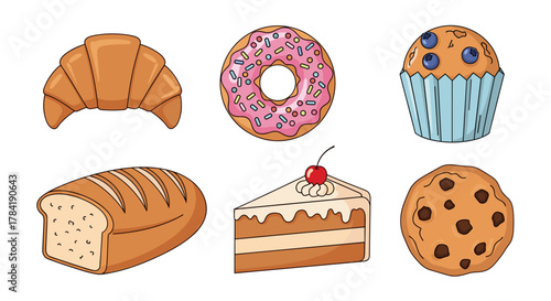 Illustration of a croissant, donut, muffin, bread, cake slice, and a cookie