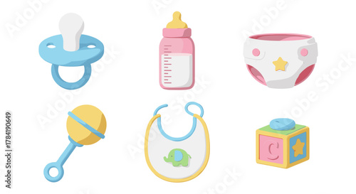 Illustration showing baby pacifier bottle diaper rattle bib and cube toy on white background