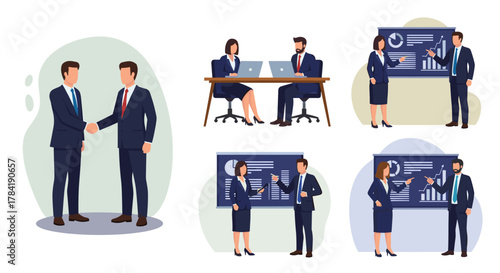 Illustration of business professionals in meetings and a handshake scenario scene