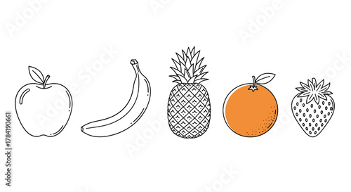 Illustration of an apple banana pineapple orange and strawberry in a row design