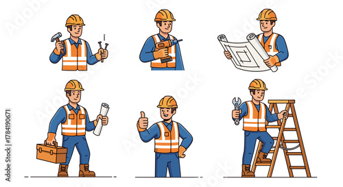 Illustrations of a construction worker in various poses with tools and blueprints