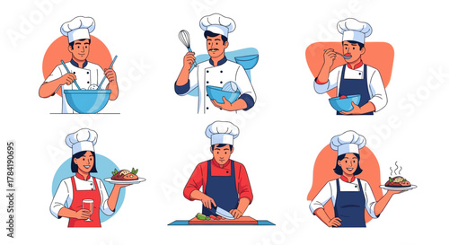 Illustration of various chefs in different cooking poses and kitchen activities