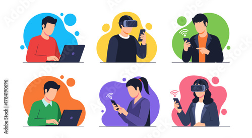 Illustration of people using technology such as laptops smartphones and vr headsets