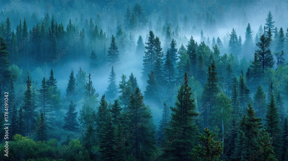 Obraz premium A misty forest with tall evergreen trees, some with misty branches, and a blue hue, creating a serene and mysterious atmosphere. 