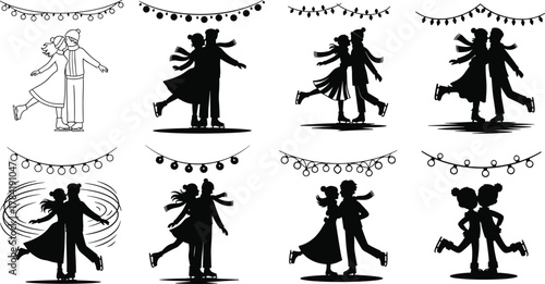 Christmas elves working, gift wrapping scenes, festive teamwork, silhouette illustration, holiday preparation, black and white art, seasonal joy, Santa's workshop