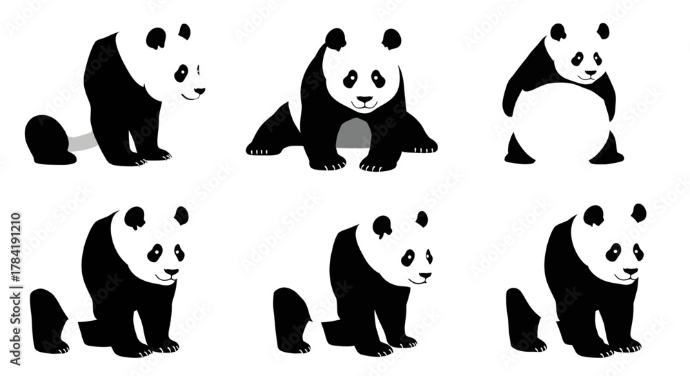 Obraz premium Set of Six Adorable Panda Illustrations in Various Poses.
