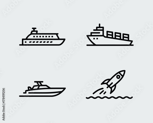 Four black line icons depicting water and space vehicles ferry cargo ship
