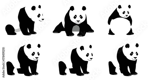 Set of Six Adorable Panda Illustrations in Various Poses.