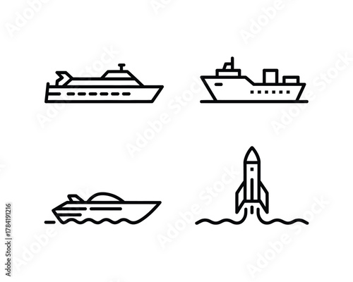 Four black line icons depicting watercraft and a rocket boat ship
