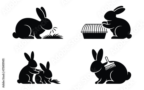 Four black rabbit silhouettes engaged in various activities bunny animal