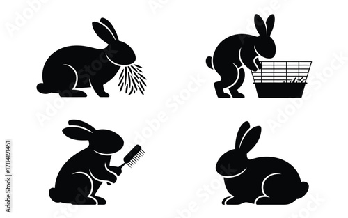 Four black rabbit silhouettes showing different activities bunny white