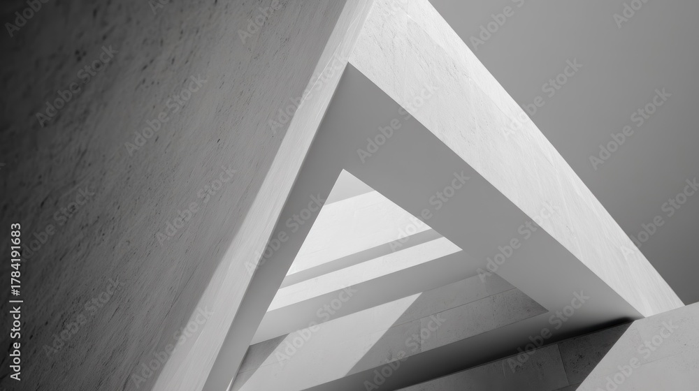 Fototapeta premium Abstract geometric shapes, white and black, forming a triangular pattern in a modern architectural setting.