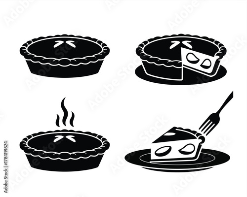 Four black silhouette apple pies whole and sliced whole pie sliced pie