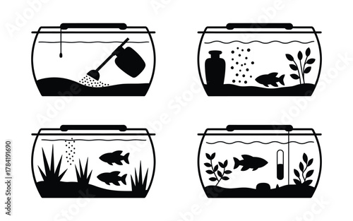 Four black silhouette aquariums with fish and aquatic elements white