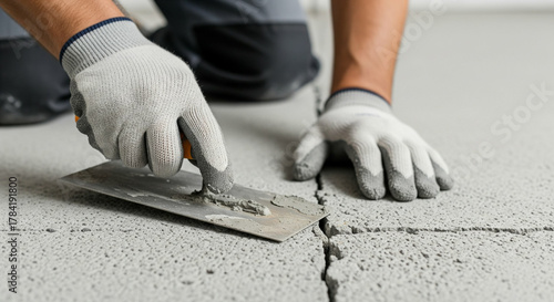 コンクリート床のクラック補修作業中の手元クローズアップ