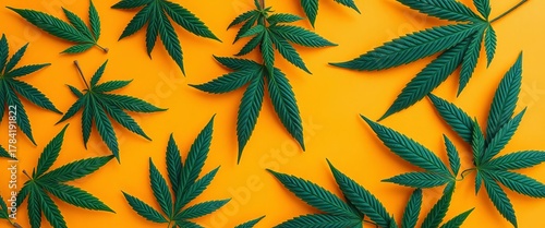 Intricate cannabis leaves arranged on a light orange background, organic, drug
