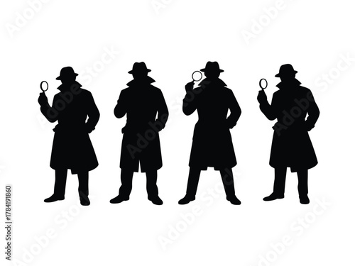 Four black silhouette detectives with magnifying glasses and hats vector