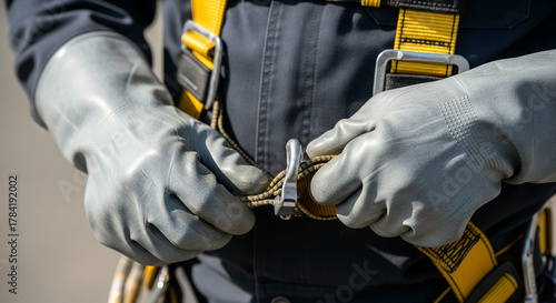 安全帯（ハーネス）の金具を装着する作業員の手元