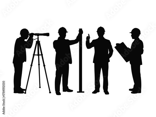 Four black silhouette engineers working on a project silhouettes white background