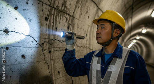 ライトを使ってコンクリート壁面の劣化（ひび割れ）を調査する点検員