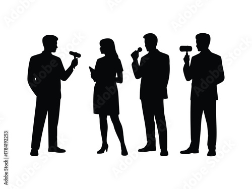 Four black silhouette figures holding microphones and notepads media professionals