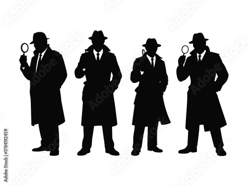 Four black silhouette figures in trench coats and fedoras detective magnifying glass