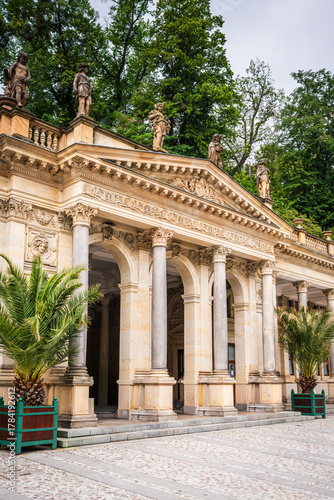 The 19th-century  Neo-Renaissance Mill Colonnade in Karlovy Vary, Czech Republic houses several hot springs and is a symbol of the Spa Town.