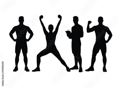 Four black silhouette fitness trainers in various poses black silhouettes athletes