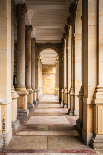 The 19th-century  Neo-Renaissance Mill Colonnade in Karlovy Vary, Czech Republic houses several hot springs and is a symbol of the Spa Town.