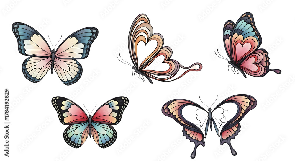 Fototapeta premium Five intricately designed butterflies with delicate wings