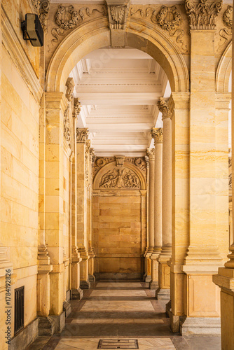 The 19th-century  Neo-Renaissance Mill Colonnade in Karlovy Vary, Czech Republic houses several hot springs and is a symbol of the Spa Town.