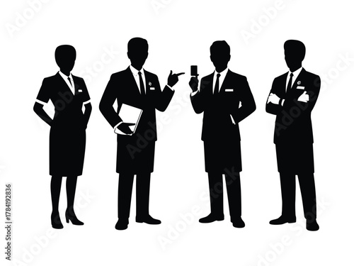 Four black silhouette hotel staff in formal attire supervisors formal wear