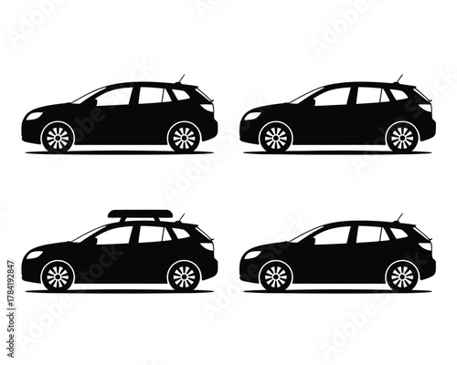 Four black silhouette hatchback vehicles with roof rack cars