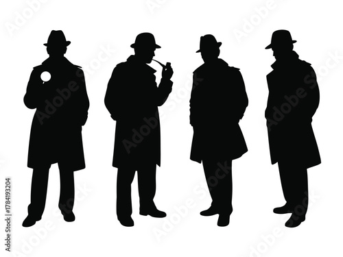Four black silhouette men wearing hats and trench coats detectives