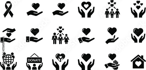 Charity icons, love symbols, support graphics, community care, donation vector, heart hands, family help, awareness ribbon, humanitarian aid, kindness