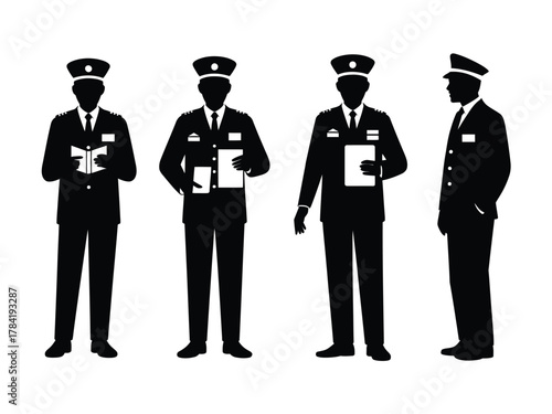Four black silhouette officers in uniform holding documents white