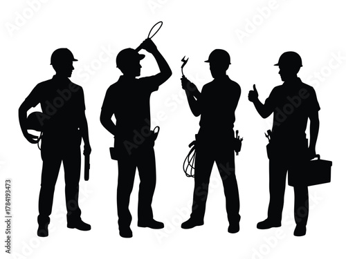 Four black silhouette tradesmen with tools and hard hats electricians workers