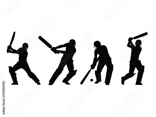 Four black silhouettes of cricketers batting sport action vector