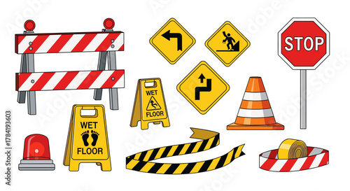 Collection of construction and traffic safety signs and equipment