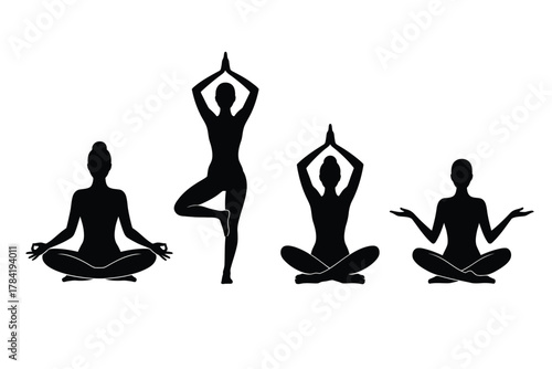 Four black yoga poses silhouettes meditation fitness