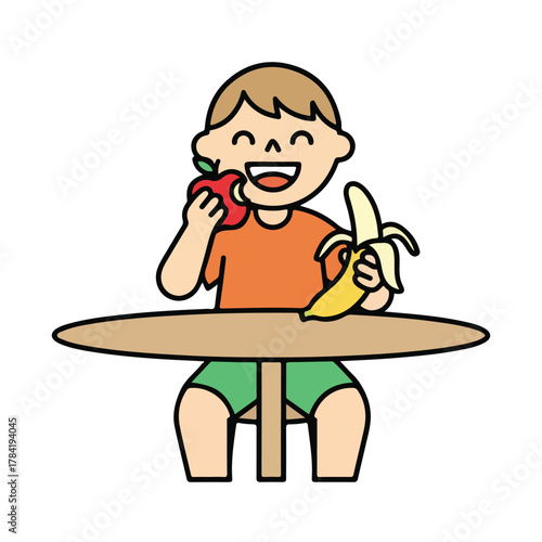 Happy Boy Eating Noodles at Table – Kids Meal Time Vector Illustration