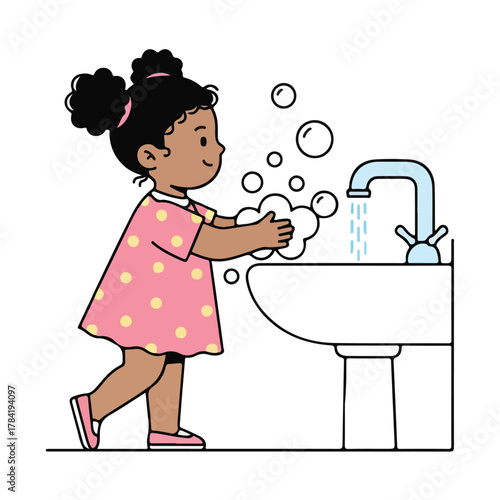 Girl Washing Hands for Good Hygiene – Kids Cleanliness Vector Illustration
