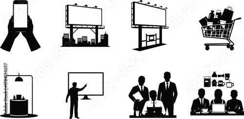 Business icons silhouette, teamwork, digital communication, billboard advertising, shopping cart, presentation screen, mobile technology, urban marketing, black white illustration, collaboration