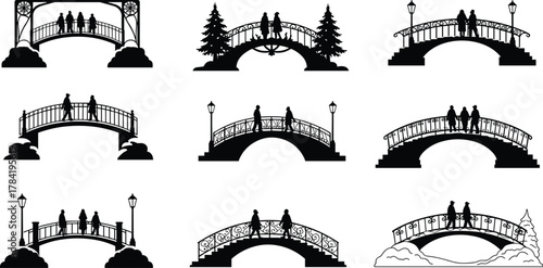 Bridge silhouettes with people, black and white architectural design, romantic scene, urban elements, trees, lampposts, minimalist style, scenic walkway illustration
