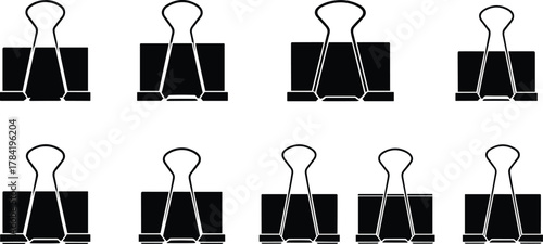 Black silhouette vector illustration of binder clips, office stationery tools, paper clamps, metal document holders for school, work, and organization
