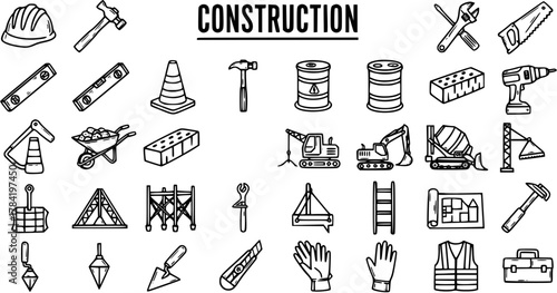 Construction Icons: Hand-drawn Set of Building Tools  Equipment