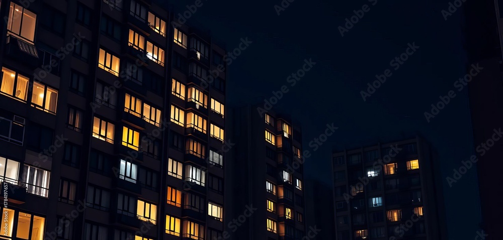 Fototapeta premium Dark city apartment building facade at night, glowing windows, high rise, texture