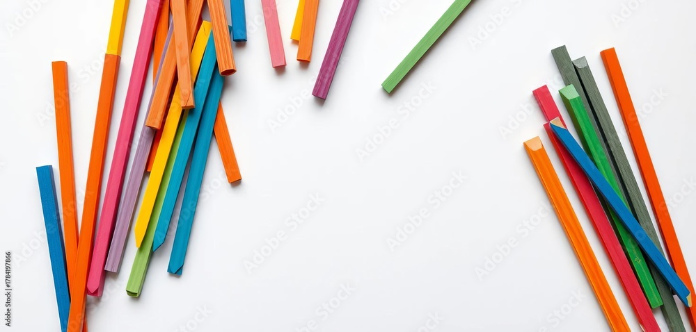 Fototapeta premium Colorful recycled paper craft sticks arranged artistically on a clean white background, eco, colorful