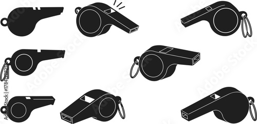 Black silhouette vector illustration of different whistle icons, referee whistle, metal coach whistle, sports training equipment, safety emergency tool design