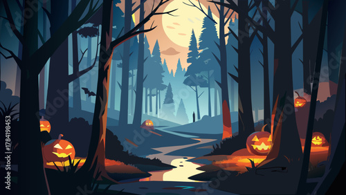 Halloween night scene with pumpkins in a dark forest